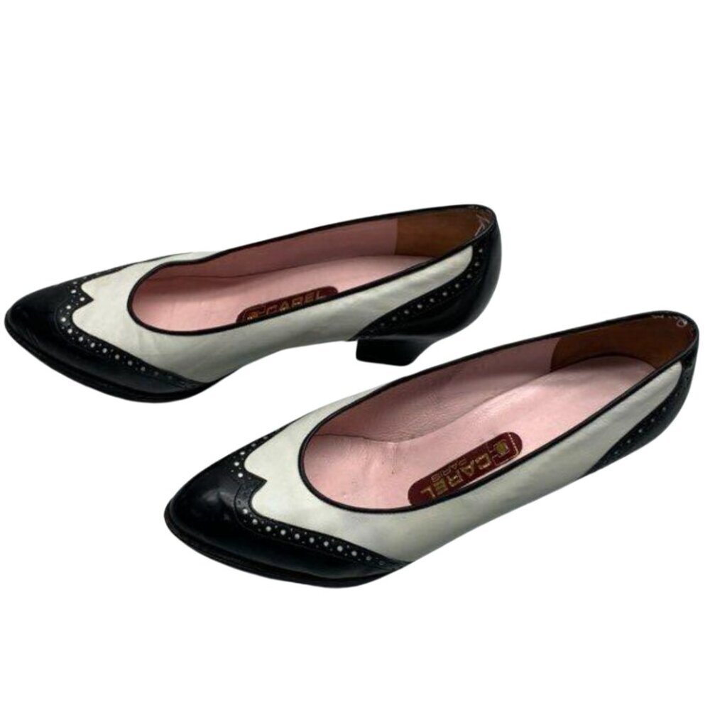 CAREL Paris Vintage Two-Tone Pumps 7 Black White Leather Low Heel Retro Shoes - Picture 11 of 11